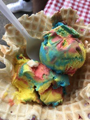 Superman ice cream in house-made vanilla waffle bowl