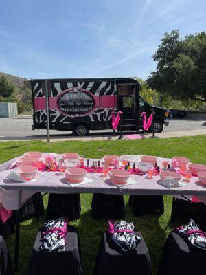 Our bus and table set up