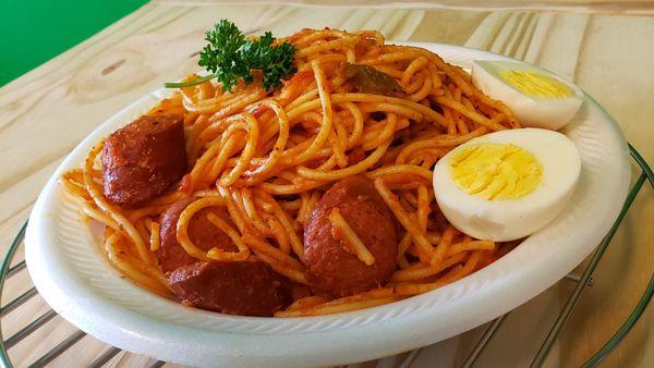 Spaghetti and sausage , boil egg optional. Famous fan favorite.