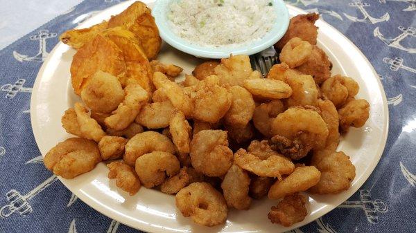 Small shrimp plate with fried sweet potato, cole slaw, and hushpuppies.