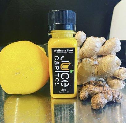 Wellness shots located in the grab and go refrigerator. Ginger,tumeric and lemon. A 2oz boost to help start your day & decrease inflammation