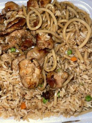 Chicken Teriyaki plate with Yakisoba Noodles and Fried Rice.