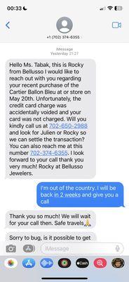 Text message from the representatives of the boutique