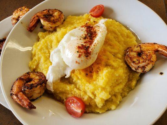 Blackened shrimp over cheese grits