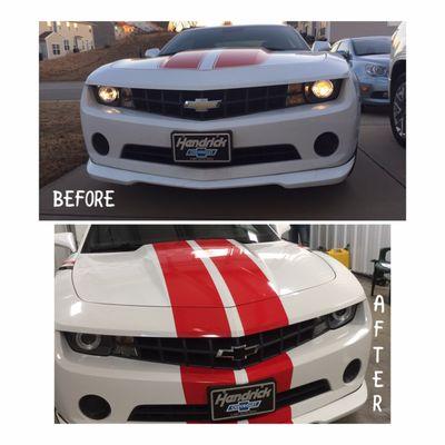 Another view of before & after racing stripes/Also changed the color of Chevy bow tie from gold to black