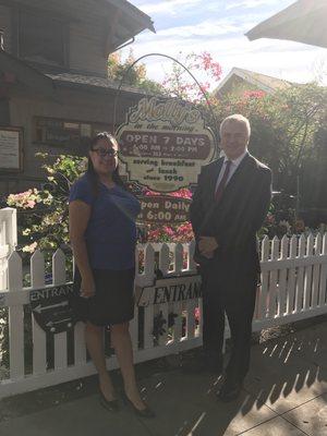 Joshua Marsh agent team member Beverly Reyes meeting the CEO Glenn Pomeroy of the California Earthquake Authority (CEA) at Molly's Souper.