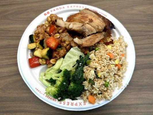 Plate with Kung Pao Chicken, Teriyaki Chicken, Half Super Greens Side, Half Fried Rice Side