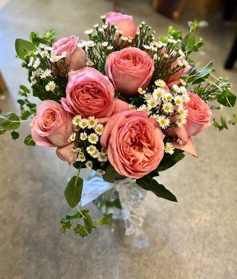 Amazing pink Cottage Roses arrangement...blooms on top of blooms