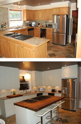 Typical dated kitchen on top, look at the result after! Guessers like gathering in kitchen by getting rid of the U shape and replacing it wi