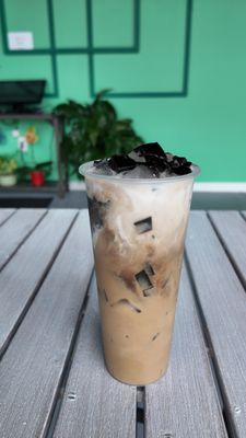 Grass Jelly Coffee with Coconut Cream - Our iced coffee based with grass jelly and topped with coconut milk