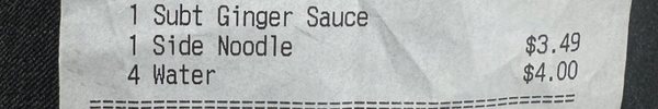 Receipt showing that tap water in a cup is $1. The restaurant also needs to change prices on their menu to reflect the actual prices.