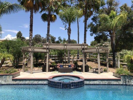 Pool with a vineyard backdrop.