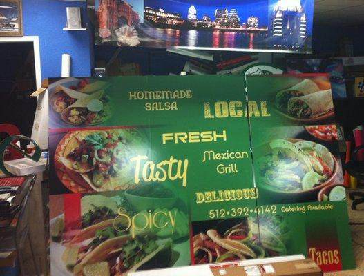 large indoor restaurant sign designed in house, Large format, high quality latex printer.