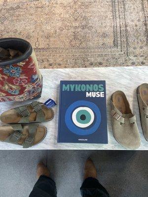 Birkenstock sandals  Mykonos Muse books King Kennedy Rug Tote Bag