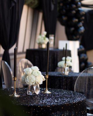 Black Sequin Linens & Beautiful Mini Floral Arrangements