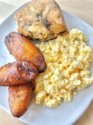 Eggs, plantains and blueberry scone