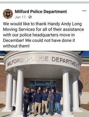 Recently our crew assisted the City of Milford Police Department with relocating to their new building.