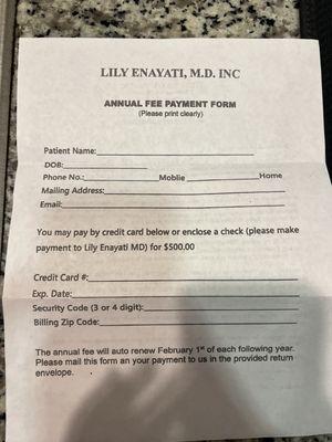 Back of letter from Lily Enayati requesting credit card information via mail