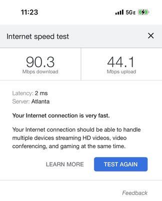 Better than Library WiFi- Local AT&T Cellular 5GE Download & Upload Speeds