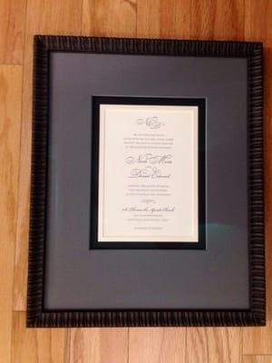 Wedding invite framed at Newburyport Framers