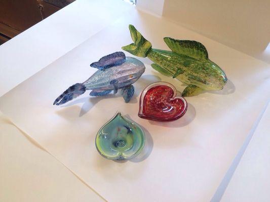 Glass hearts and fish at Piscataqua Fine Arts.