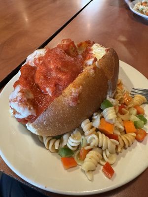 Meatball Parmesan with pasta salad