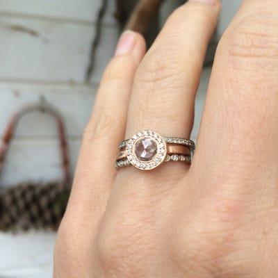 Platinum, rose gold, opaque and white diamond ring stack