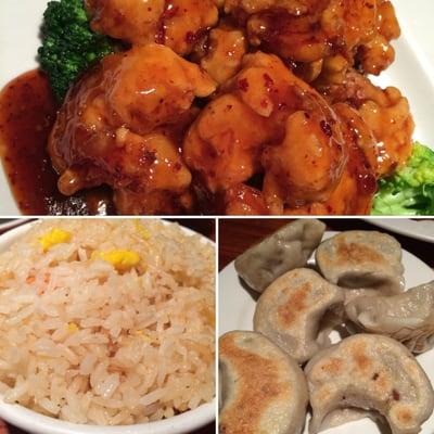 General shrimp, fried dumplings and rice