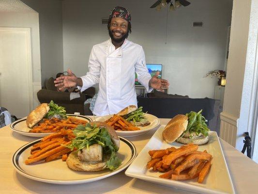 Cod fish burger with sweet potato fries