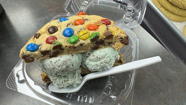 M&M cookie with mint chocolate chip ice cream