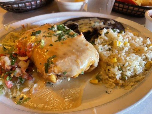 shrimp chimichanga w/ coconut rice and refried beans (sides I didn't want)