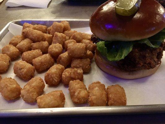 Fried chicken sandwich and tater tots