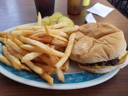 Hatties special (half pound) with cheese and fries (cut each fresh day).  Came out hot, fresh and fast.