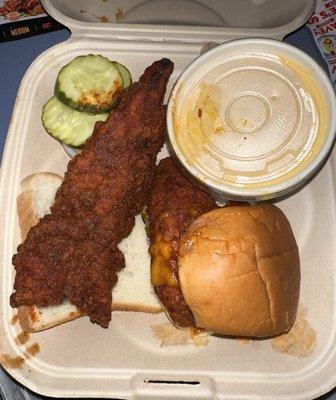 Oreo milkshake, Mac & Cheese , Dave's #3 one tender plus one slider with fries  medium heat.