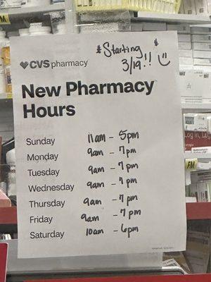 New pharmacy hours starting 3/19/23