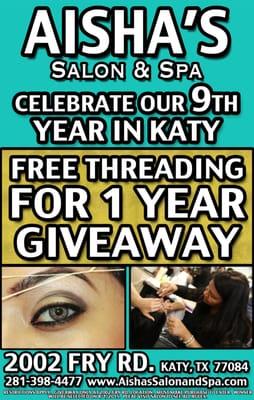 Celebrate our 9-Year Anniversary in Katy with an unbelievable giveaway.  Free Threading for 1 Year!  Contest ends on 8/1/2015.