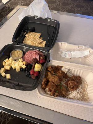 Charcuterie board and Korean Bowl. No sauce on the Korean bowl, charcuterie board looks like anemic at best.