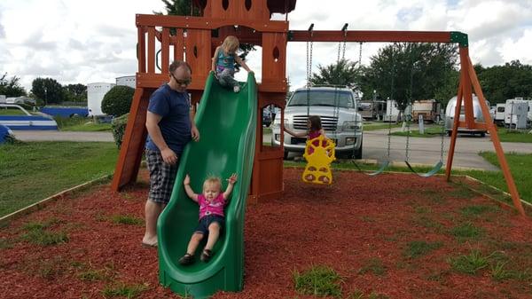 Space Center RV is family and pet friendly! The play structure is safe and fun.