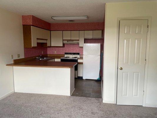 1BR living room view of kitchen