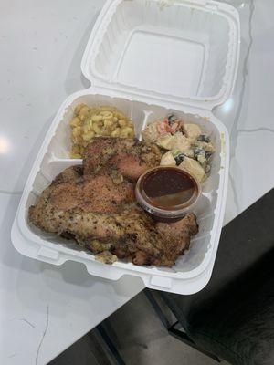 Chicken, brisket, potato salad and Mac n cheese