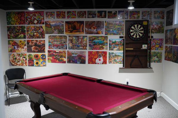 Private game room in basement, pool table, darts and TV