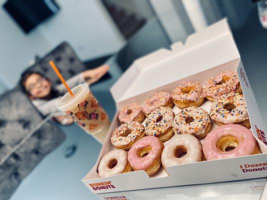 Vanilla Frosted Donuts with and w/o Sprinkles & Strawberry Frosted Donuts with and w/o Sprinkles! Plus a Large iced French Vanilla Latte!