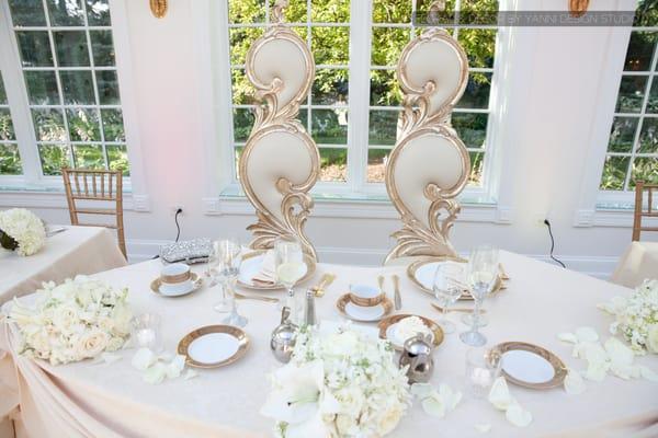 Cute sweetheart table for bride and groom the luxurious Patrick Haley mansion. Floral and decor provided by Yanni Design Studio.