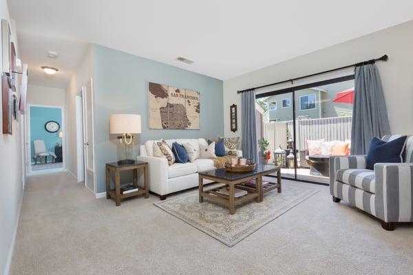 Spacious living room in the 2-bd model floorplan