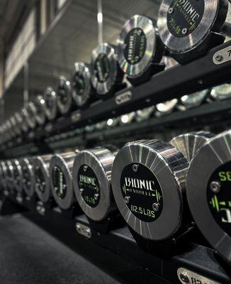 Chrome dumbbells starting at 7.5 pounds and ending at 180 pounds.