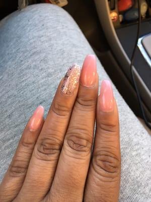 Pink Acrylic with a clear pink gel color & "Titanium" gel color on my ring finger