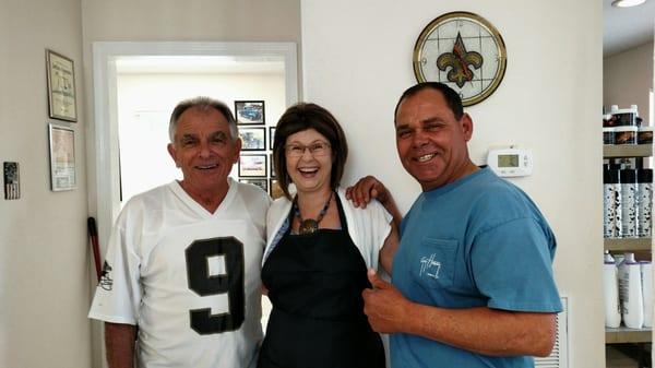 From the left Jim Jeanfreau (owner operator) Susan Edwards (barber stylist) our celebrity customer Trapper Joe