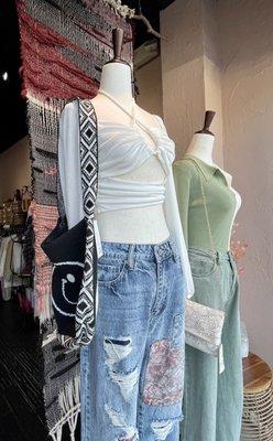 Crop Tops, Tie Front, Color block Tops, Sage Wide Leg Jeans, Smiley Face Bags