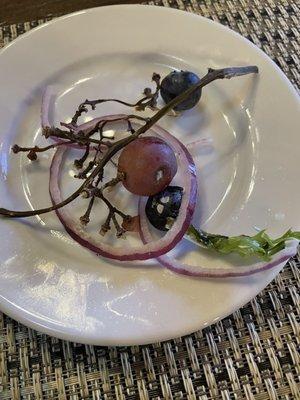 The fruit was in a sad state. Some molding. The grape stems were so dried out and old.