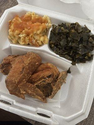 Fried Chicken (breast/wing) with Mac & Cheese, and Collards